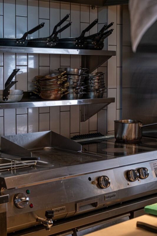 Stainless steel commercial kitchen in a restaurant