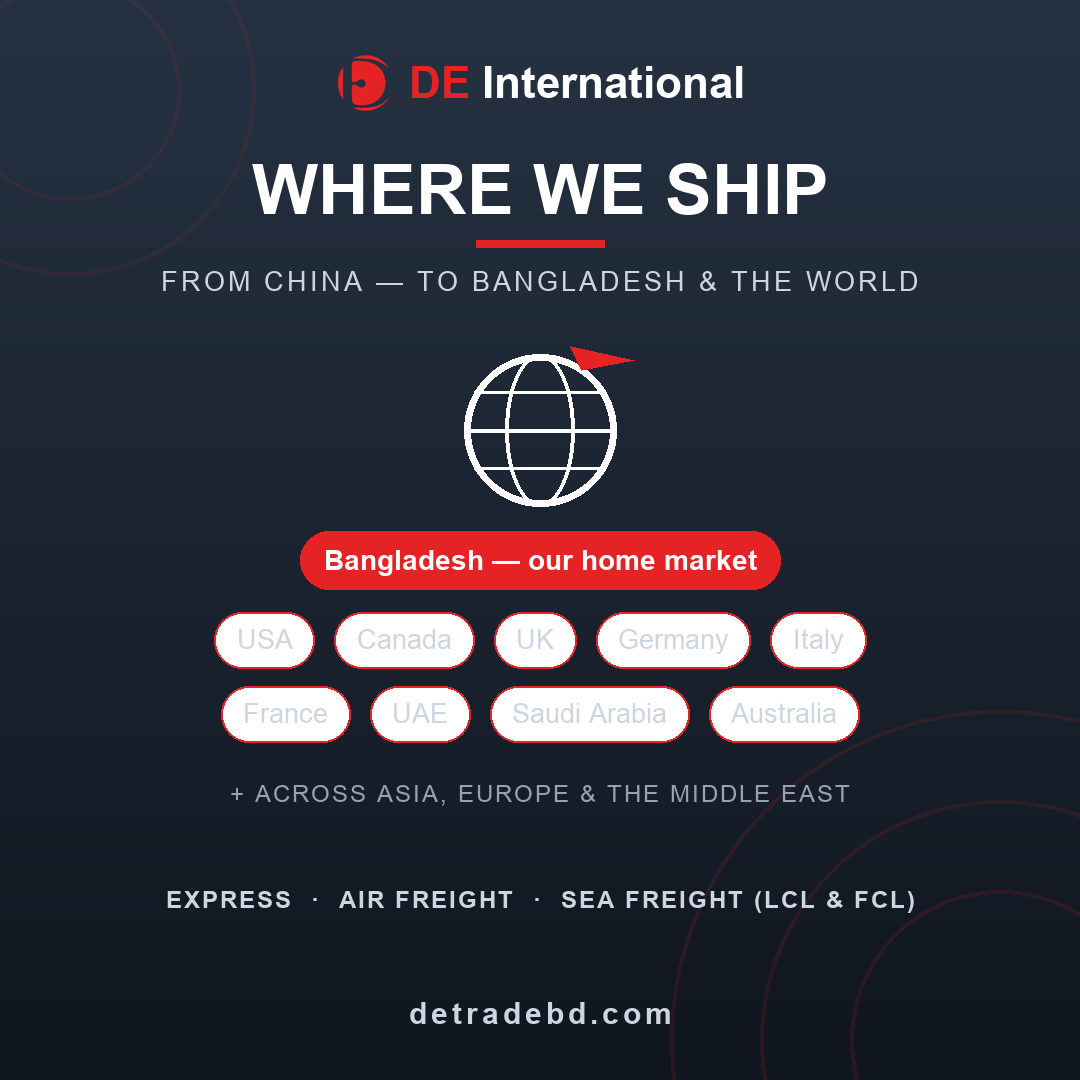 Where DE International ships from China - Bangladesh and worldwide including USA, Canada, UK, Germany, Italy, France, UAE, Saudi Arabia and Australia by express, air and sea freight