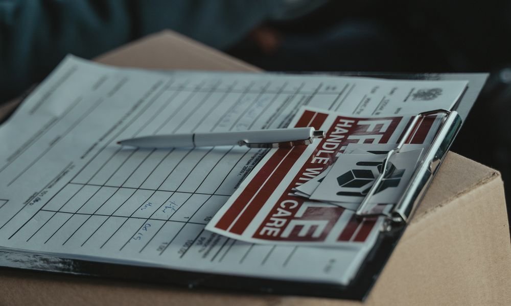 Shipping manifest and fragile handling label on a package - import documentation checklist