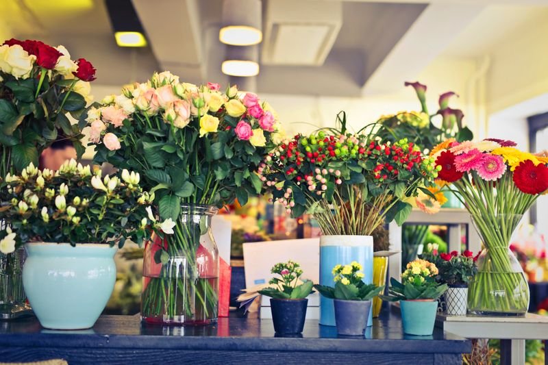 Fresh flower bouquets on display in a flower shop