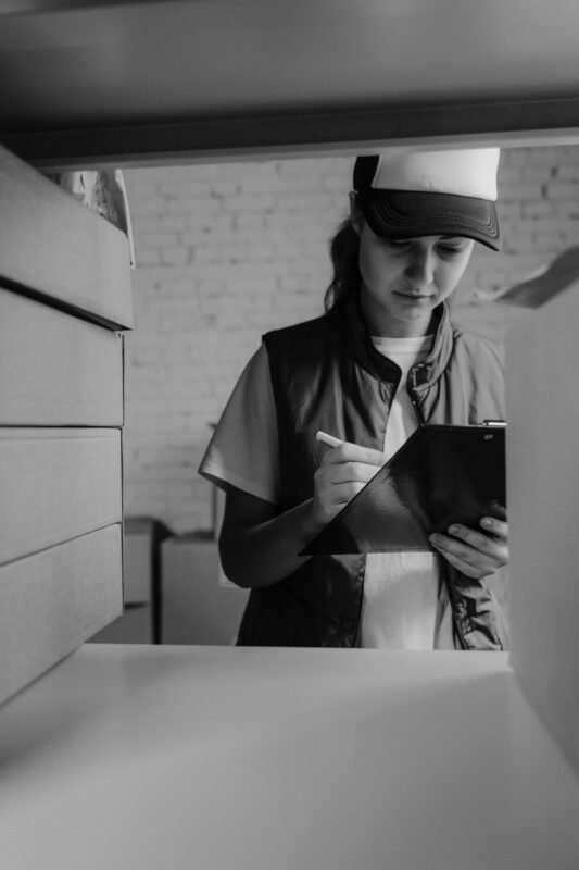 Warehouse worker recording a shipment check on a clipboard