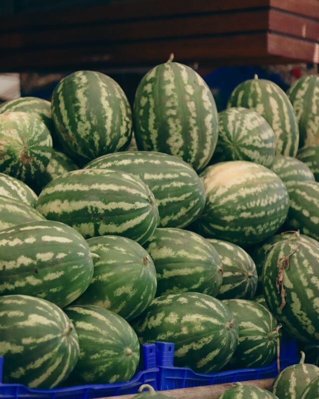 Stacked whole watermelons freshly harvested and displayed at a produce market