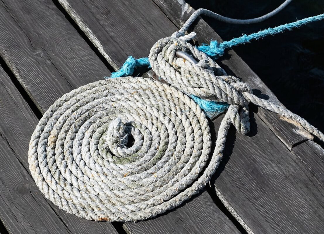 Coiled three-strand twisted rope on a wooden jetty