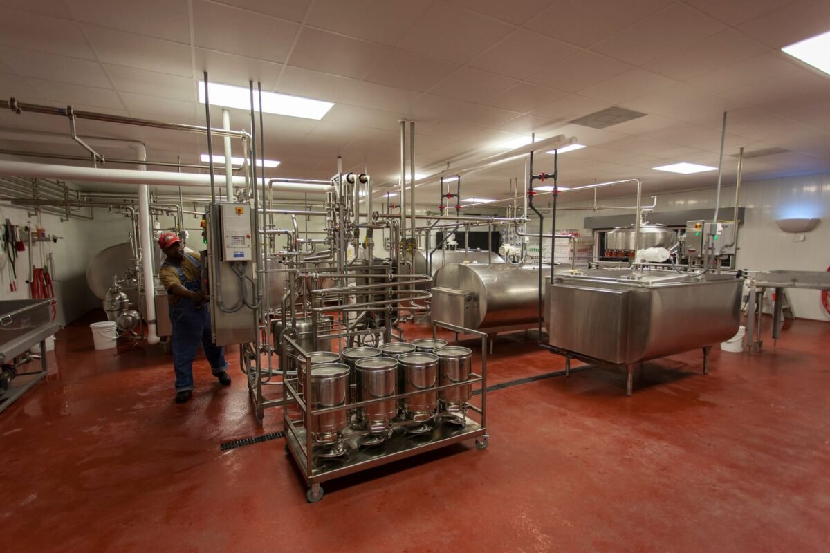 Stainless steel food processing tanks and pipework in a clean factory