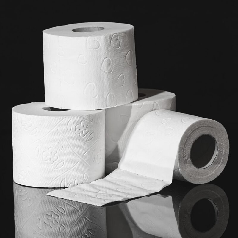 Stacked embossed tissue paper rolls