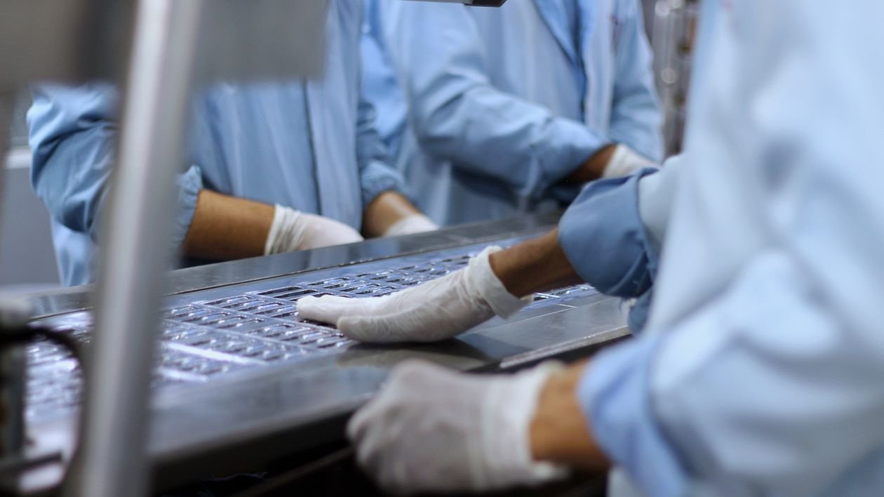 Workers packing tablets into blister packs on a pharmaceutical line