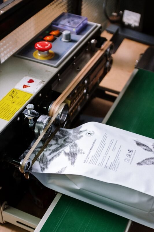 Continuous band sealer closing a printed pouch on a conveyor