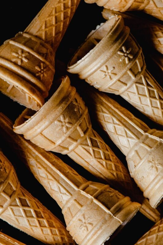 Empty wafer ice cream cones with embossed pattern