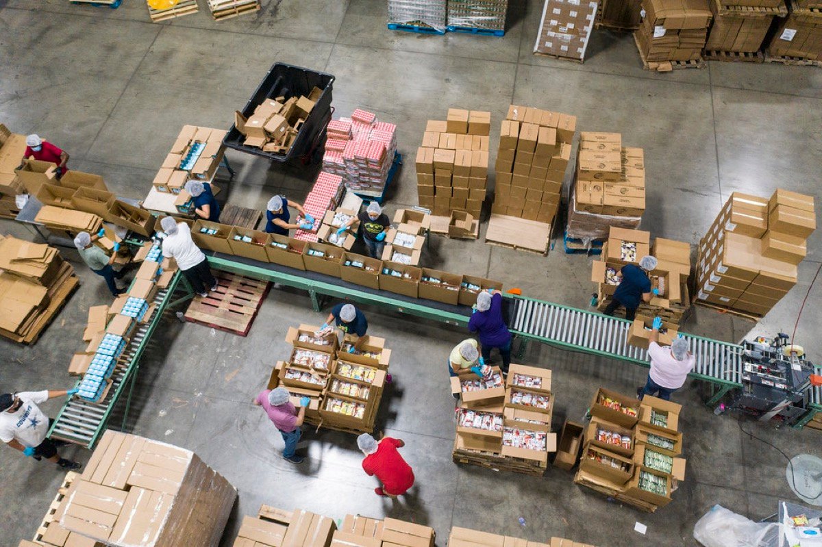 Food packing line with cartons moving along a roller conveyor
