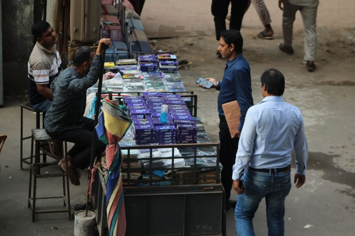 Mobile accessories stall in a South Asian market